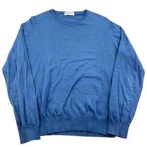 John Smedley Sweater Men S Blue Sea Island Knitted 100% Cotton V-neck England